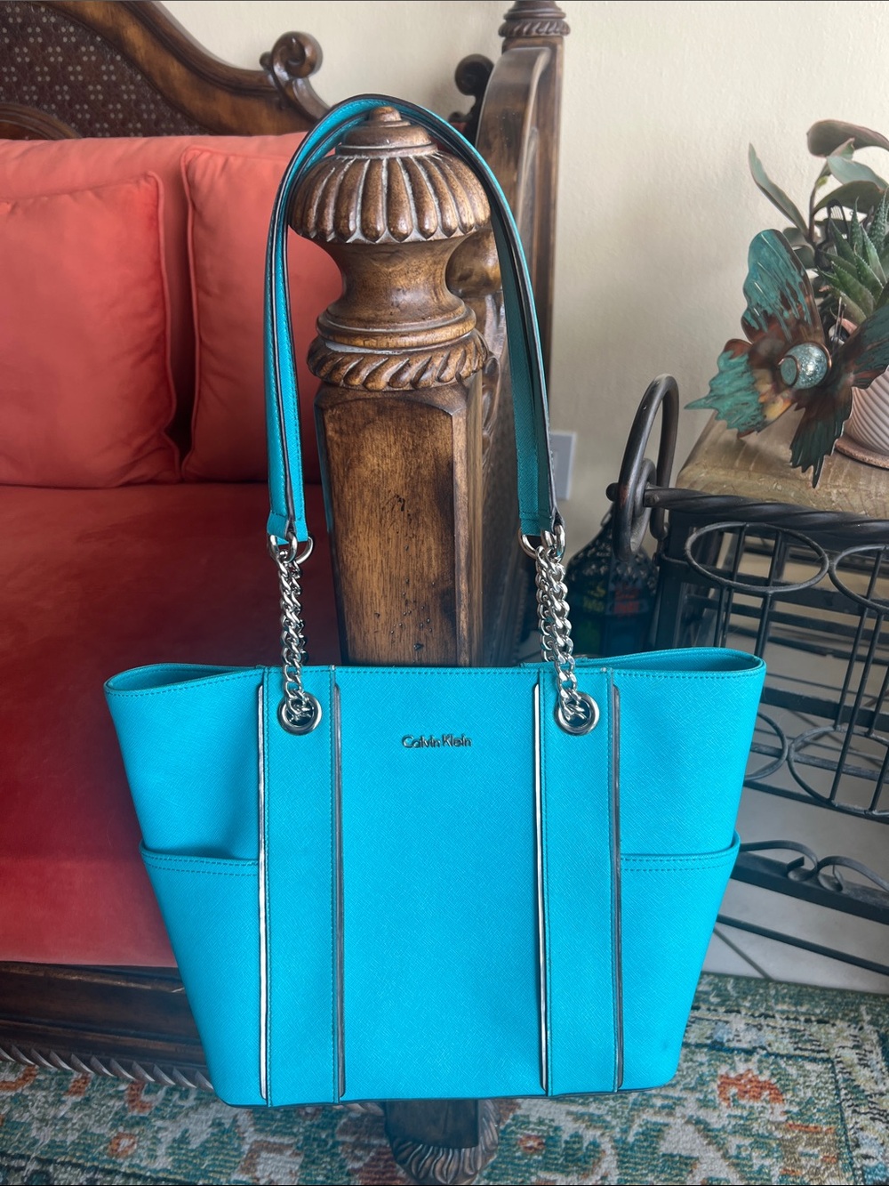 Calvin Klein Turquoise Tote Bag with Chain Straps